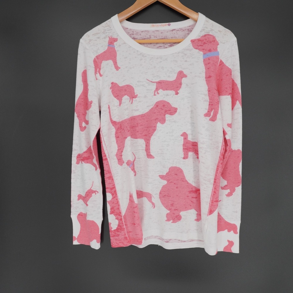 Before + Again Dog Print Thermal Tunic Top Womens M Pink Lightweight Long Sleeve